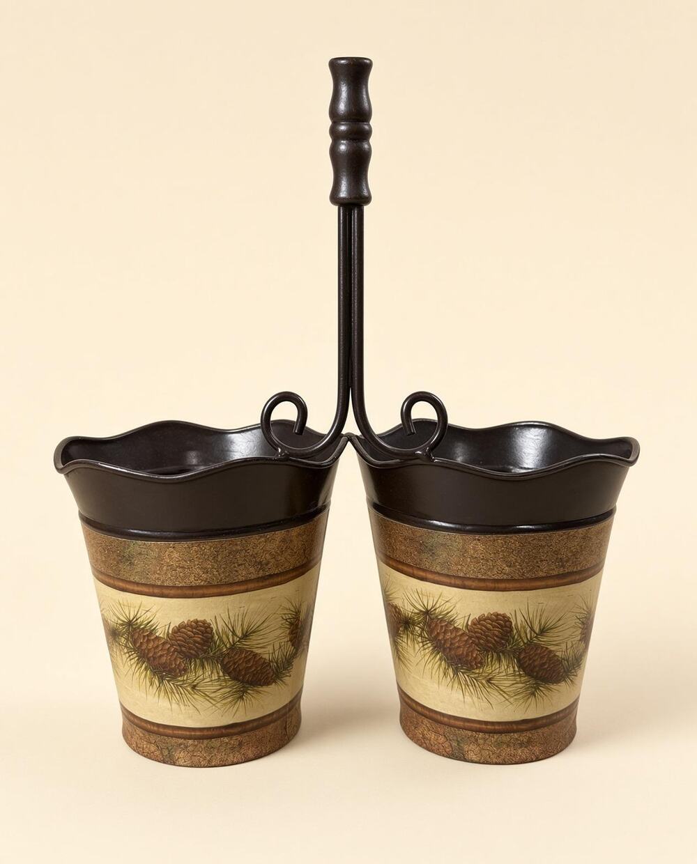 Pinecone Metal Double Bucket, Scalloped Brown Rim Planters, Scroll Handle Caddy
